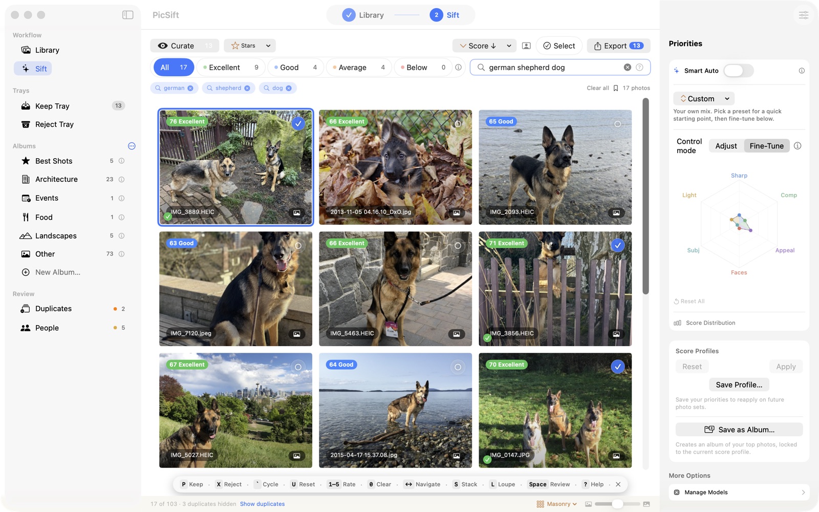 PicSift on a Mac: the search “german shepherd dog” narrows the library to 17 photos, every one of them a German shepherd.