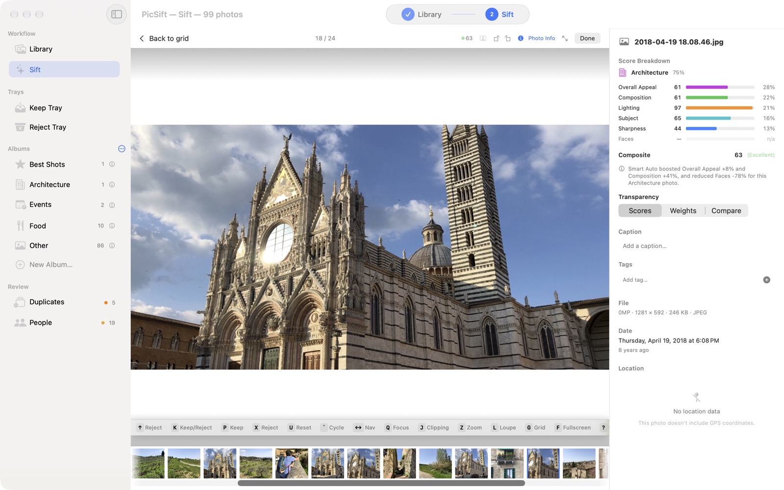 PicSift on a Mac showing a photograph of Siena Cathedral in the viewer, with Photo Info open beside it: the score broken out into Overall Appeal, Composition, Lighting, Subject, Sharpness and Faces, each with its share of the composite score of 63, Excellent.